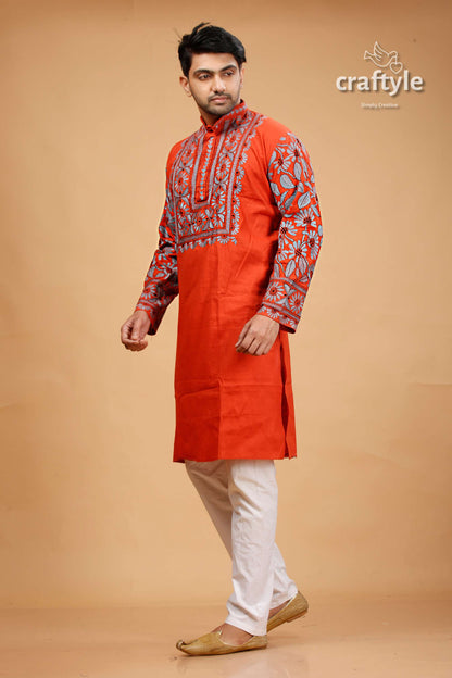 Vermilion Hand Kantha Work Cotton Ethnic Punjabi for Men - Craftyle