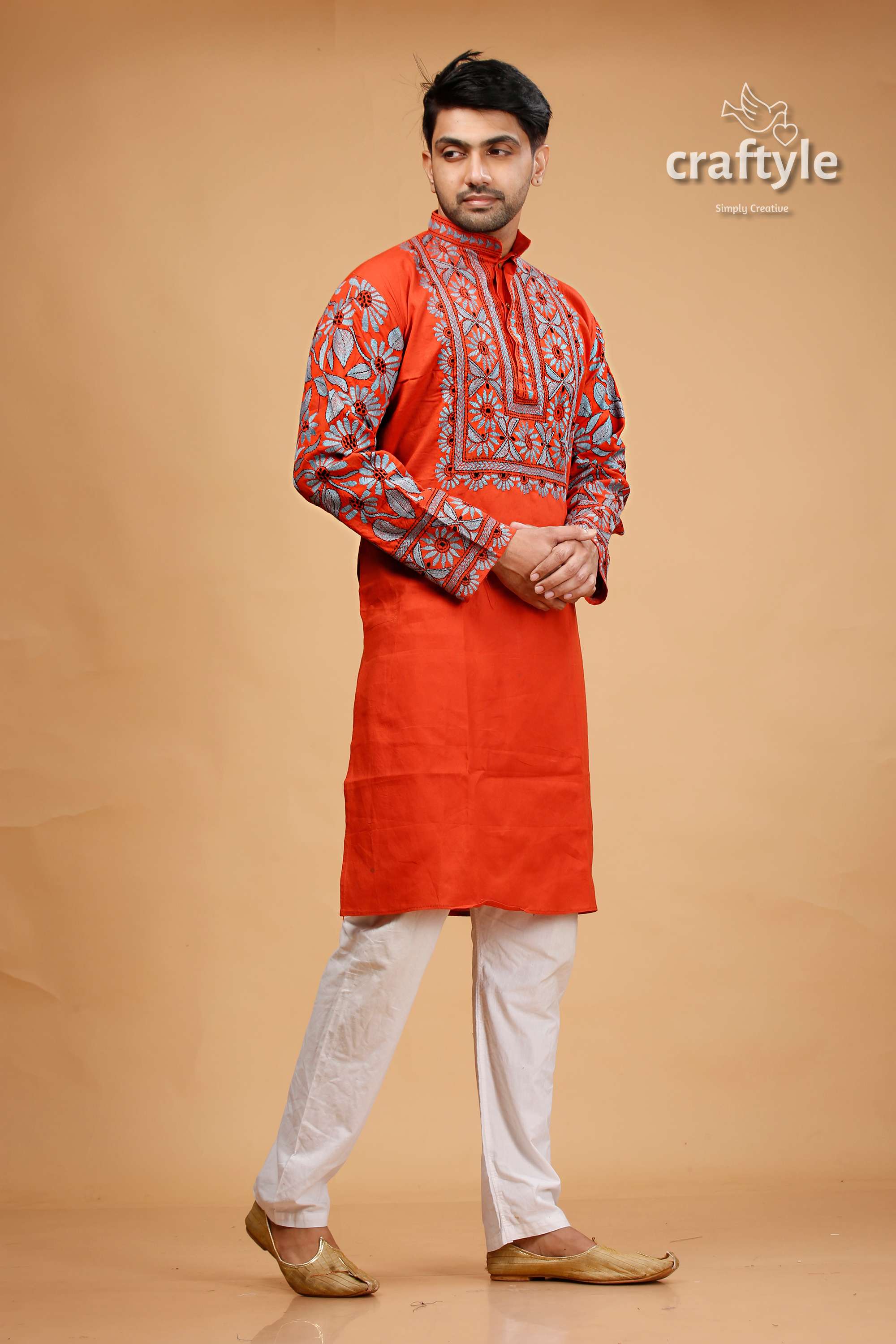 Vermilion Hand Kantha Work Cotton Ethnic Punjabi for Men - Craftyle