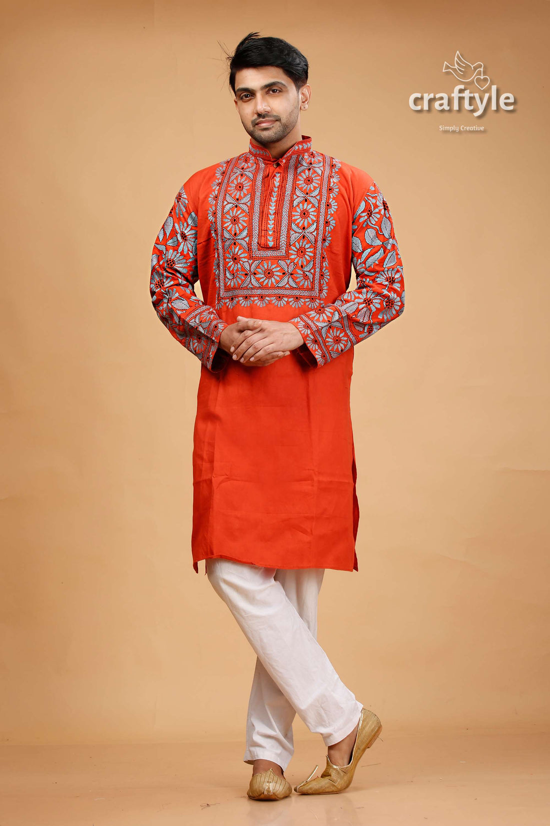 Vermilion Hand Kantha Work Cotton Ethnic Punjabi for Men - Craftyle