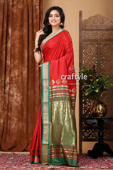 Vivid Burgundy and Green Zari Border Bomkai Silk Saree - Craftyle