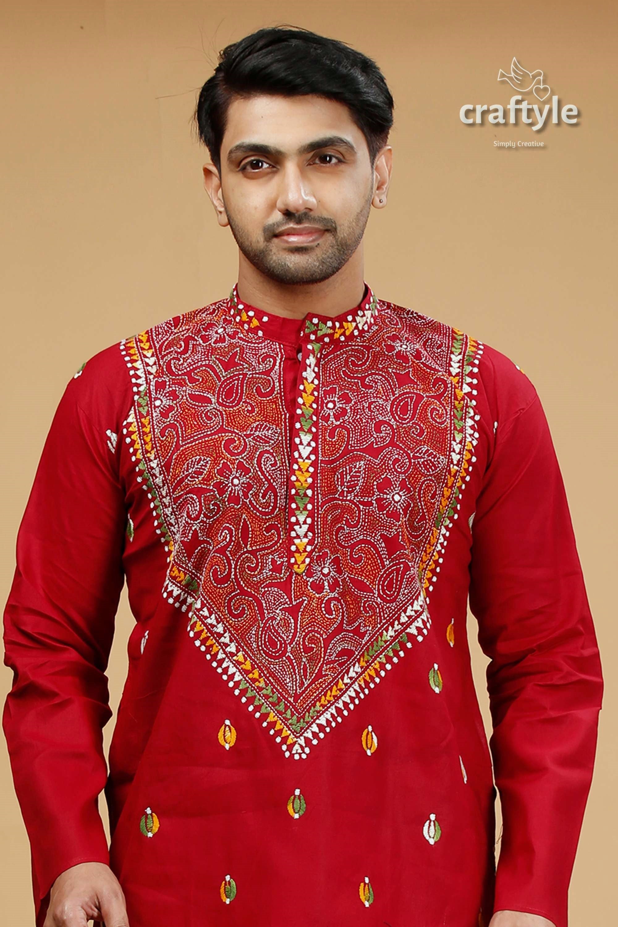 Vivid Burgundy Red Multicolor Kantha Stitch Gents Kurta - Craftyle