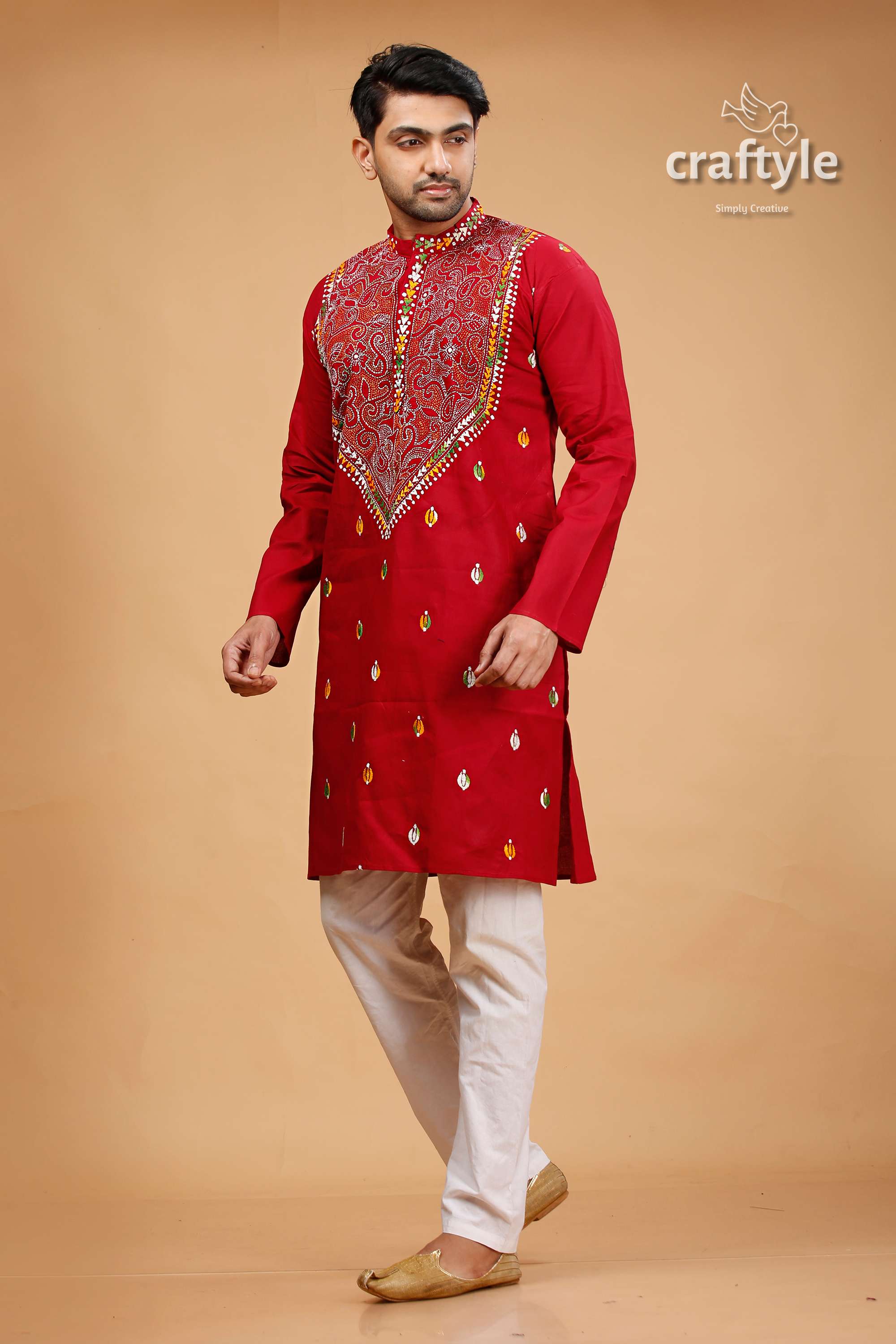 Vivid Burgundy Red Multicolor Kantha Stitch Gents Kurta - Craftyle