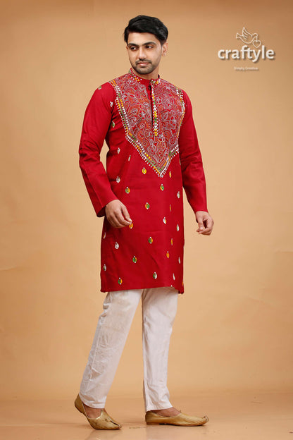 Vivid Burgundy Red Multicolor Kantha Stitch Gents Kurta - Craftyle