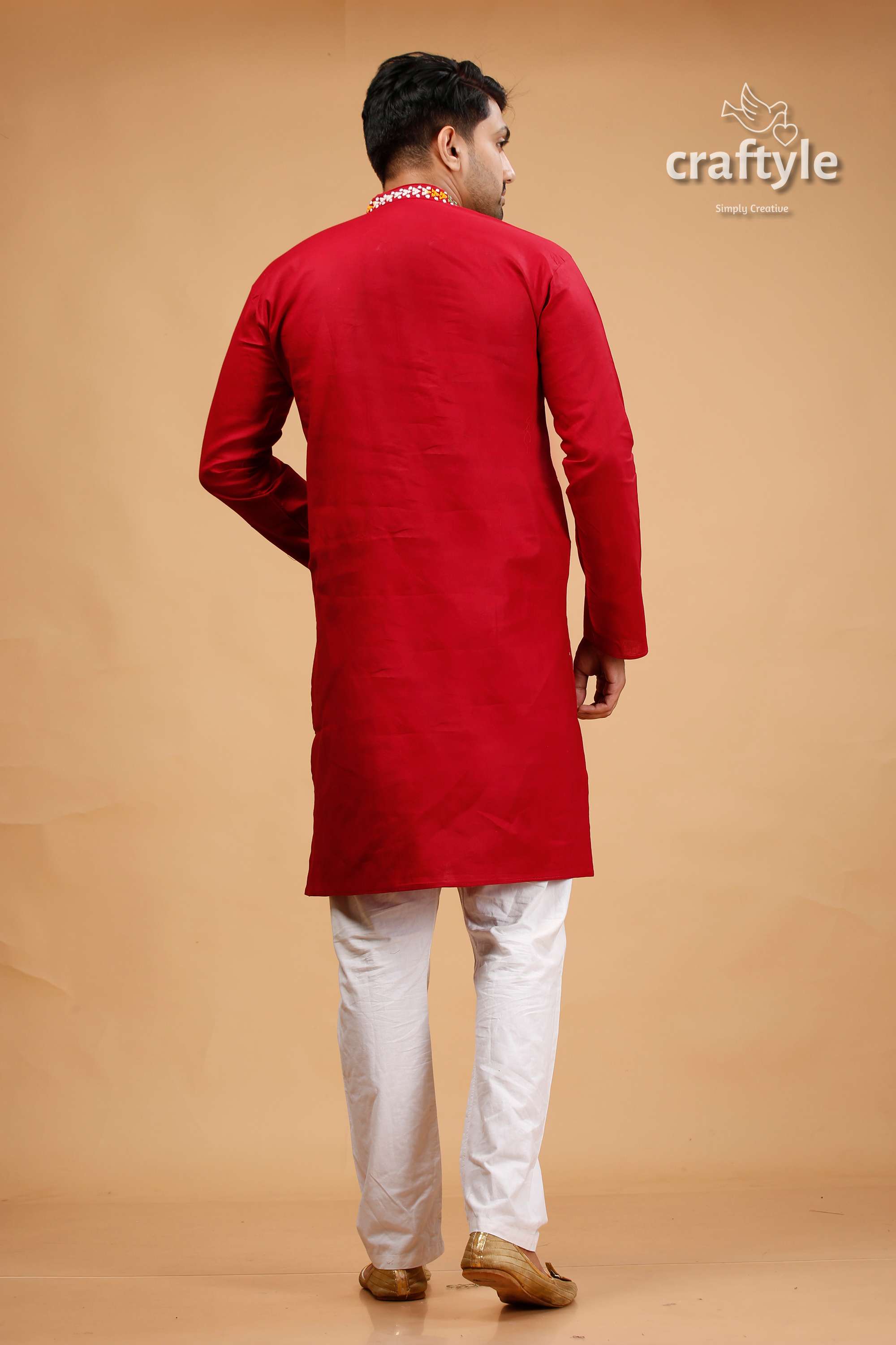 Vivid Burgundy Red Multicolor Kantha Stitch Gents Kurta - Craftyle