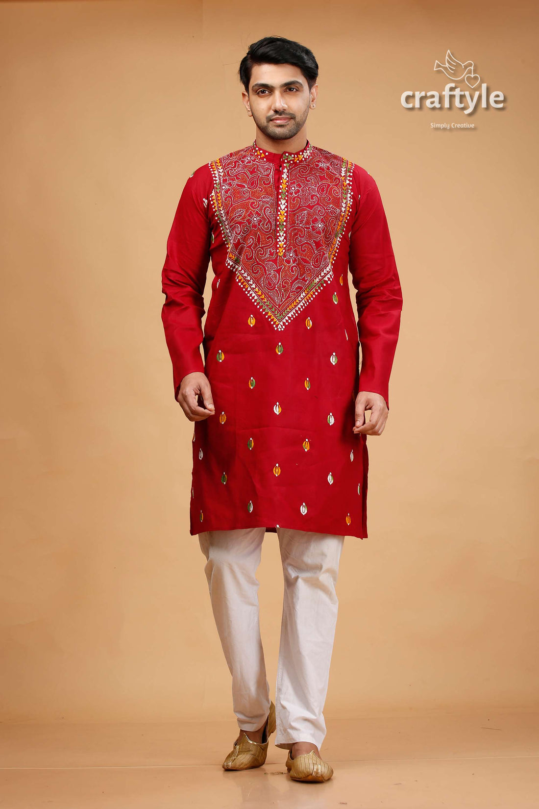 Vivid Burgundy Red Multicolor Kantha Stitch Gents Kurta - Craftyle