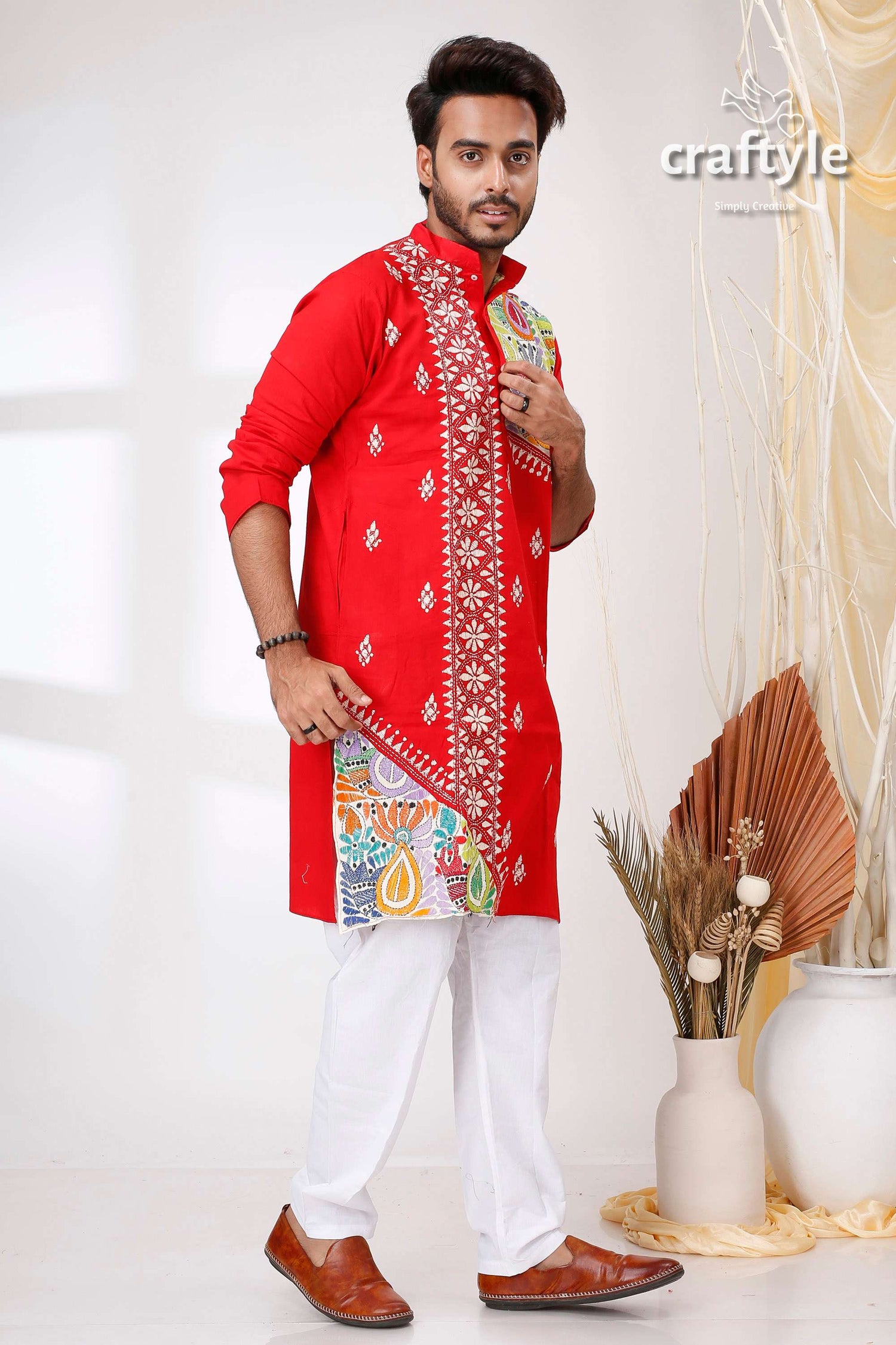 Vivid Crimson Red Kantha Stitch Designer Cotton Panjabi for Men - Craftyle