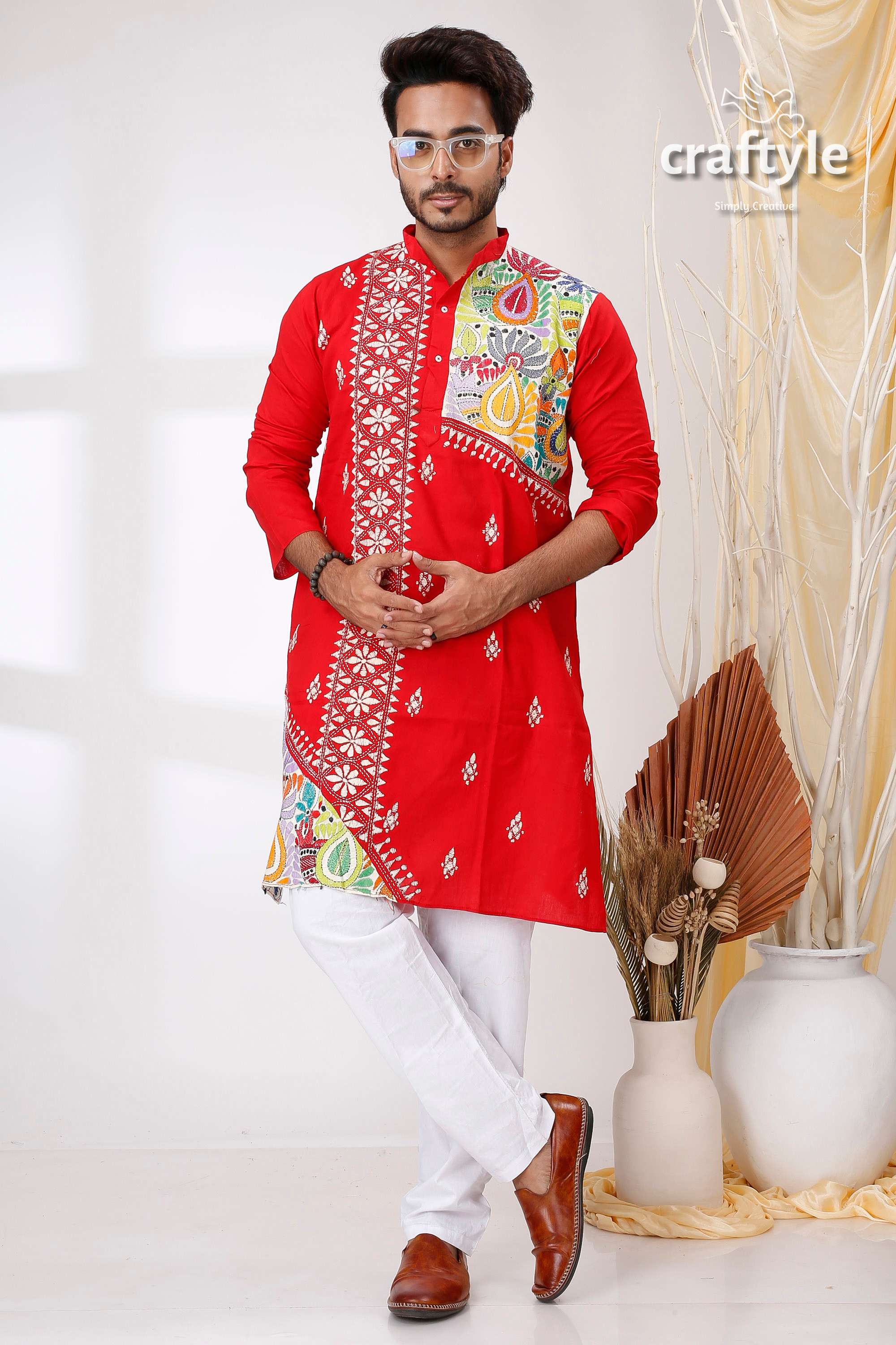 Vivid Crimson Red Kantha Stitch Designer Cotton Panjabi for Men - Craftyle