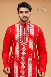 Vivid Crimson Red Kutch Work Kantha Cotton Mens Kurta - Craftyle