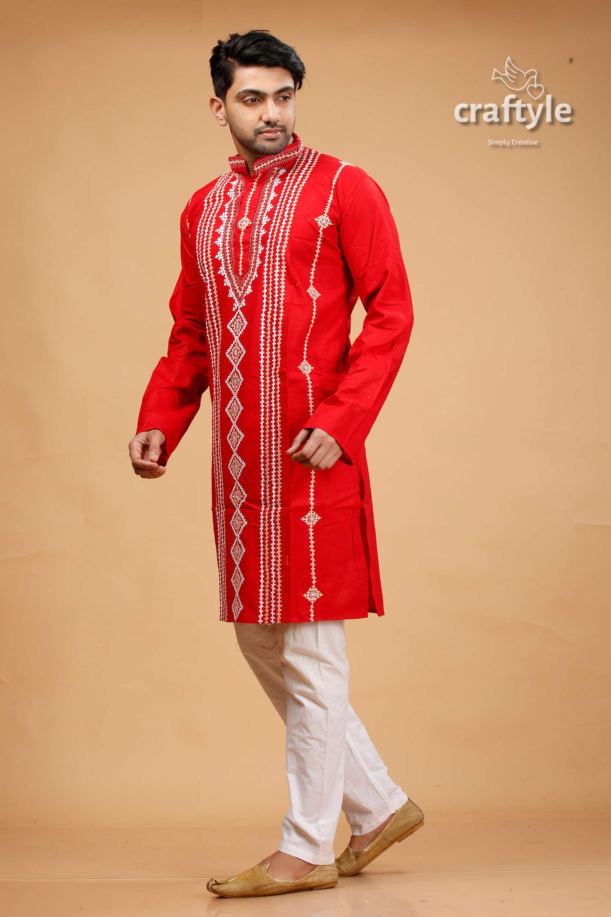 Vivid Crimson Red Kutch Work Kantha Cotton Mens Kurta - Craftyle