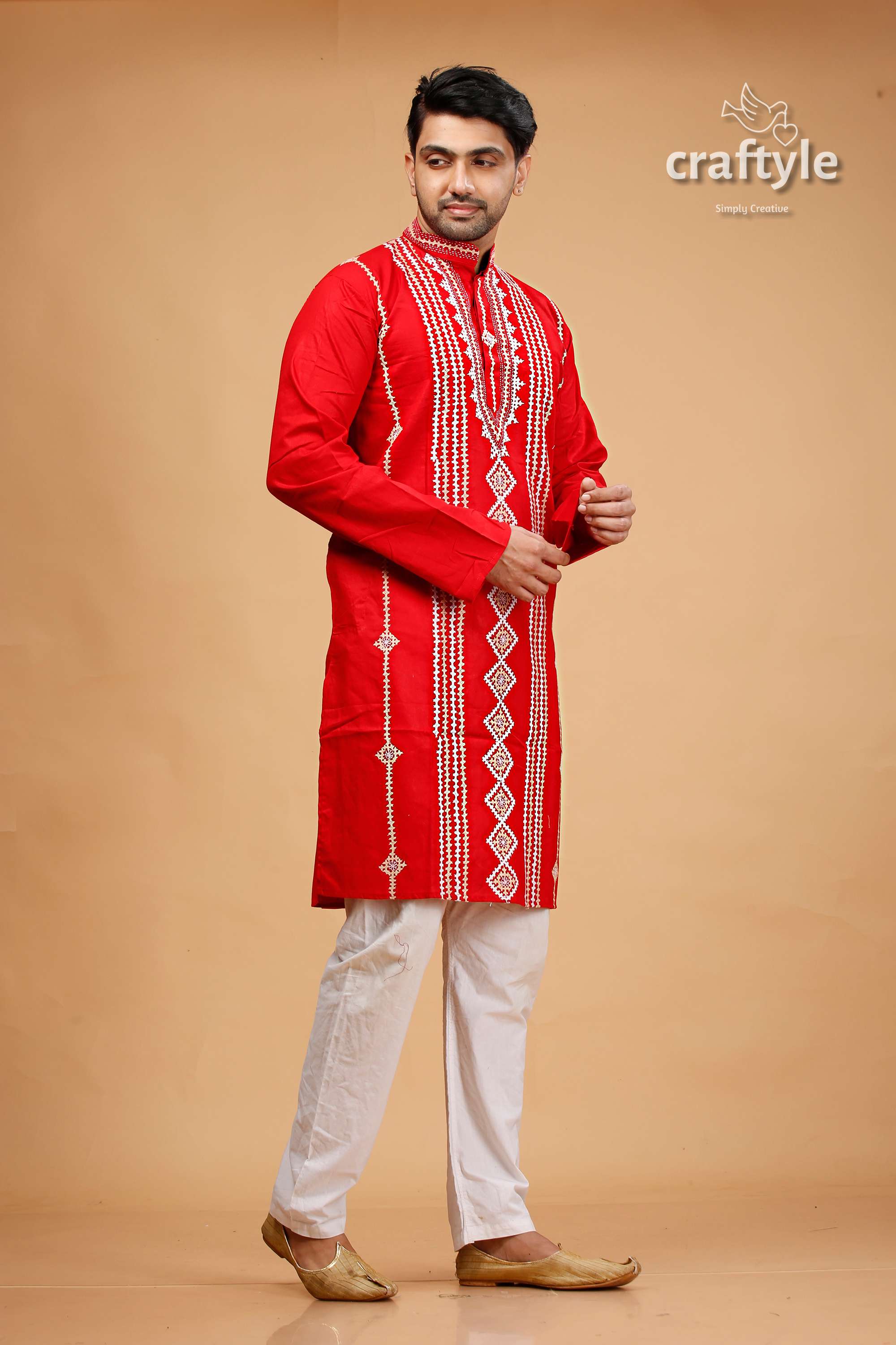 Vivid Crimson Red Kutch Work Kantha Cotton Mens Kurta - Craftyle