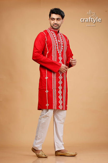 Vivid Crimson Red Kutch Work Kantha Cotton Mens Kurta - Craftyle