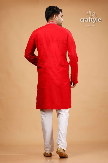 Vivid Crimson Red Kutch Work Kantha Cotton Mens Kurta - Craftyle