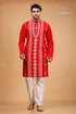 Vivid Crimson Red Kutch Work Kantha Cotton Mens Kurta - Craftyle