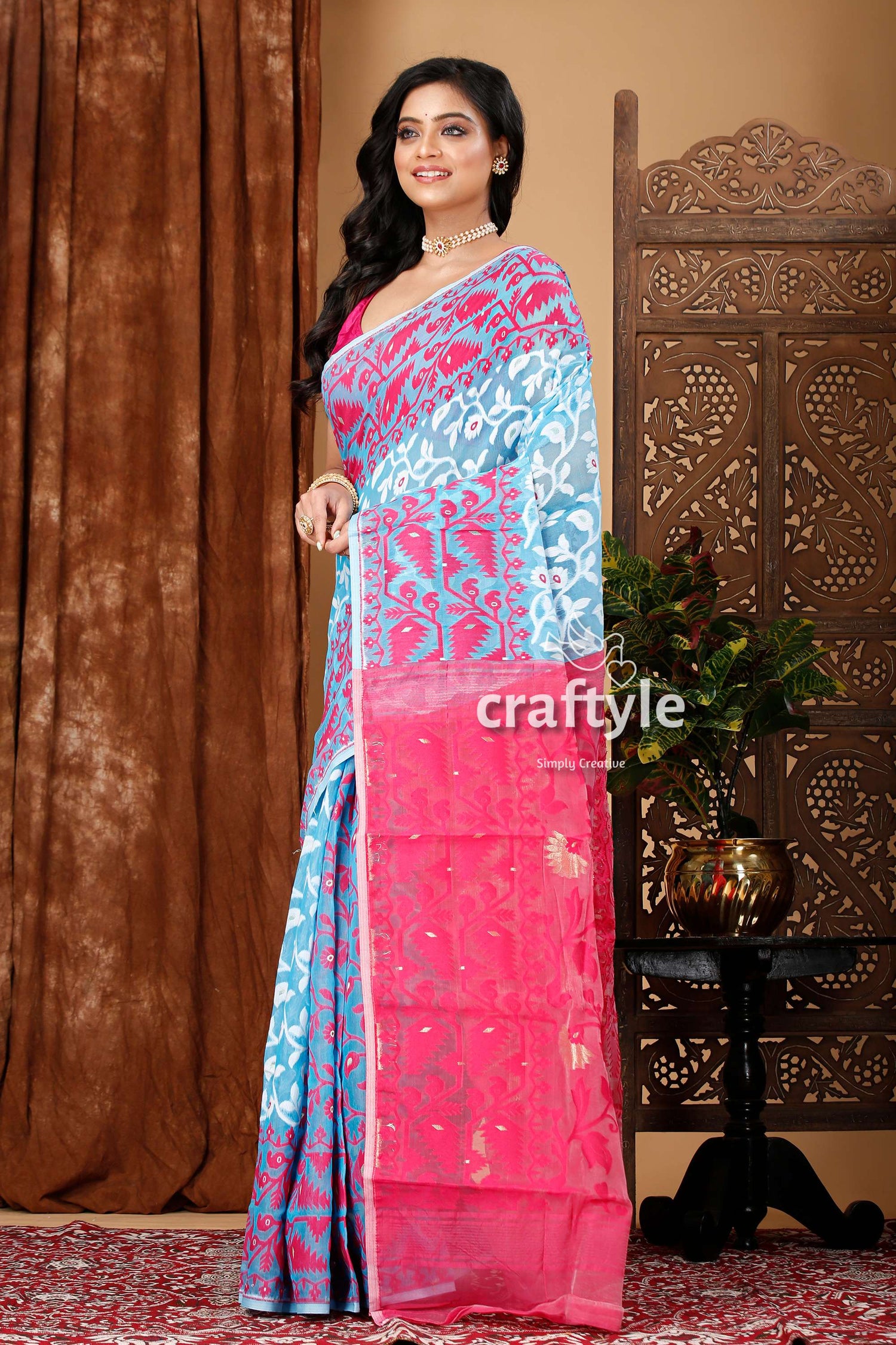 Vivid Sky Blue-Magenta All-Over Work Jamdani Saree - Craftyle