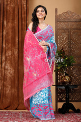 Vivid Sky Blue-Magenta All-Over Work Jamdani Saree - Craftyle