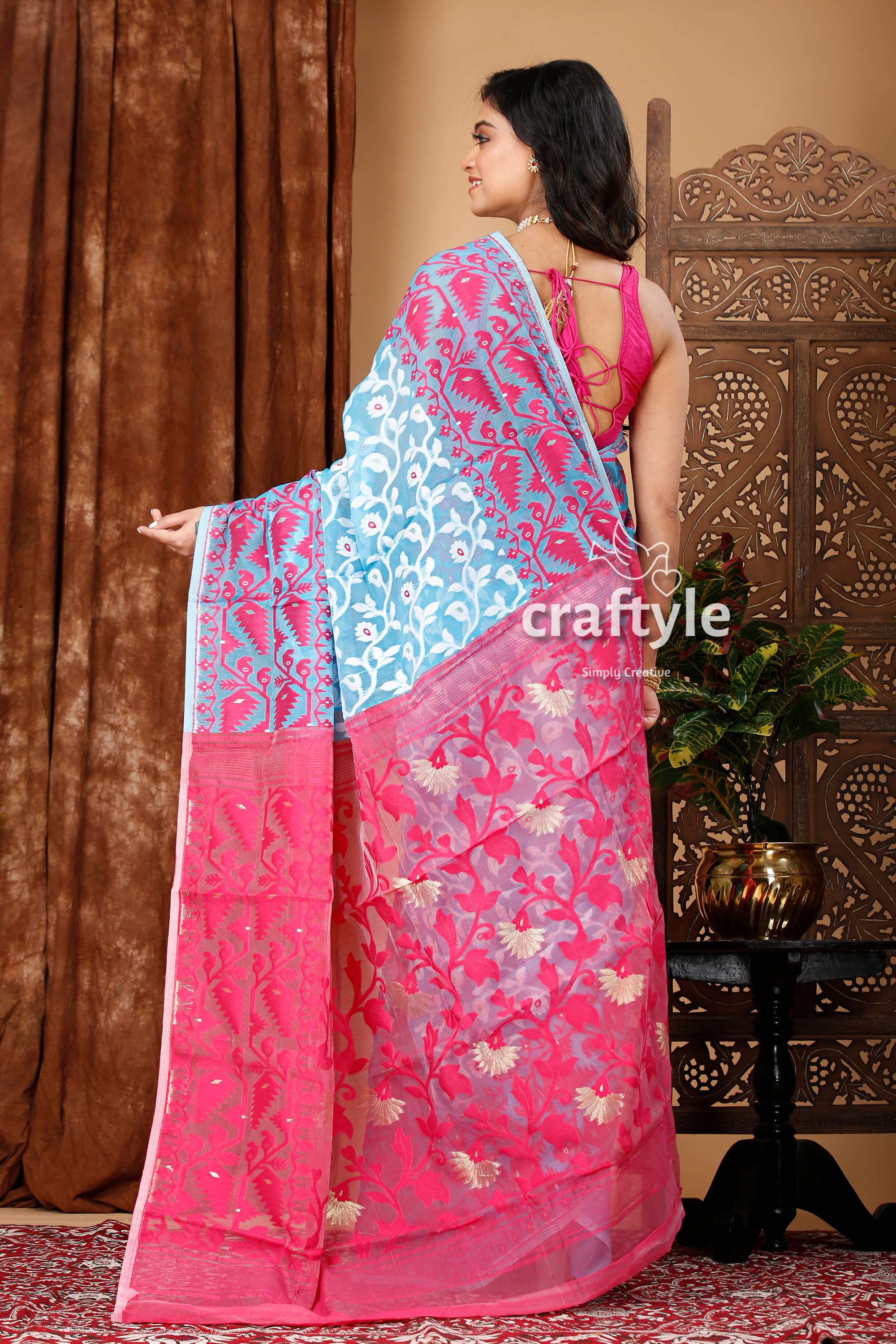 Vivid Sky Blue-Magenta All-Over Work Jamdani Saree - Craftyle