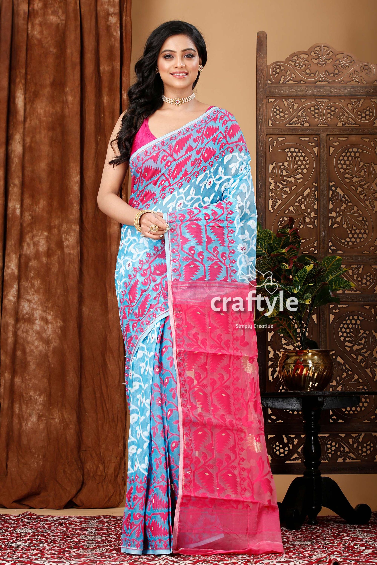 Vivid Sky Blue-Magenta All-Over Work Jamdani Saree - Craftyle