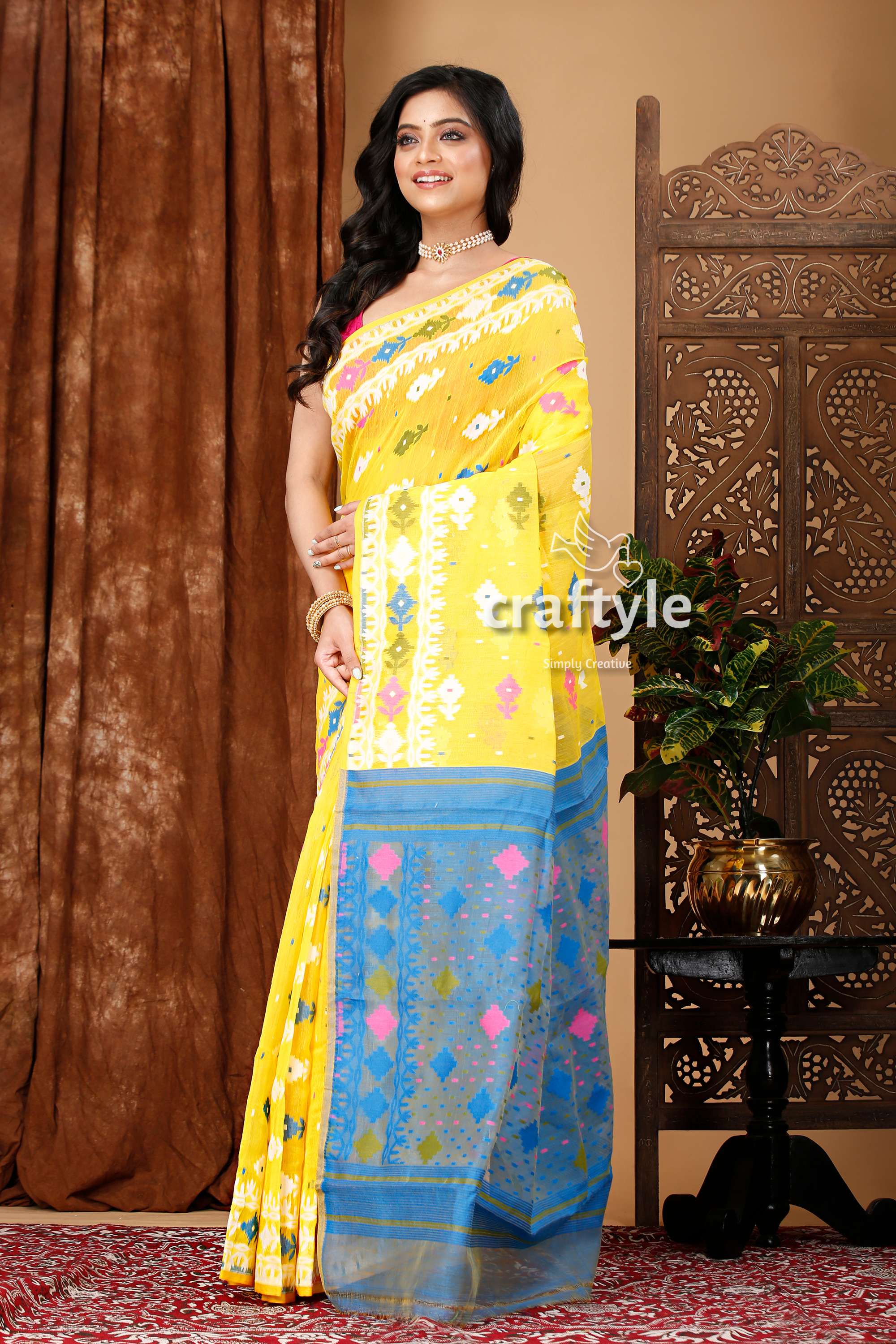 Vivid Yellow-Blue Premium Bengal Jamdani Saree - Craftyle