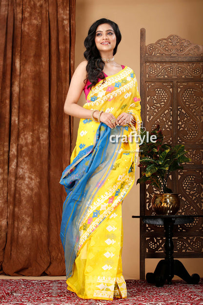 Vivid Yellow-Blue Premium Bengal Jamdani Saree - Craftyle