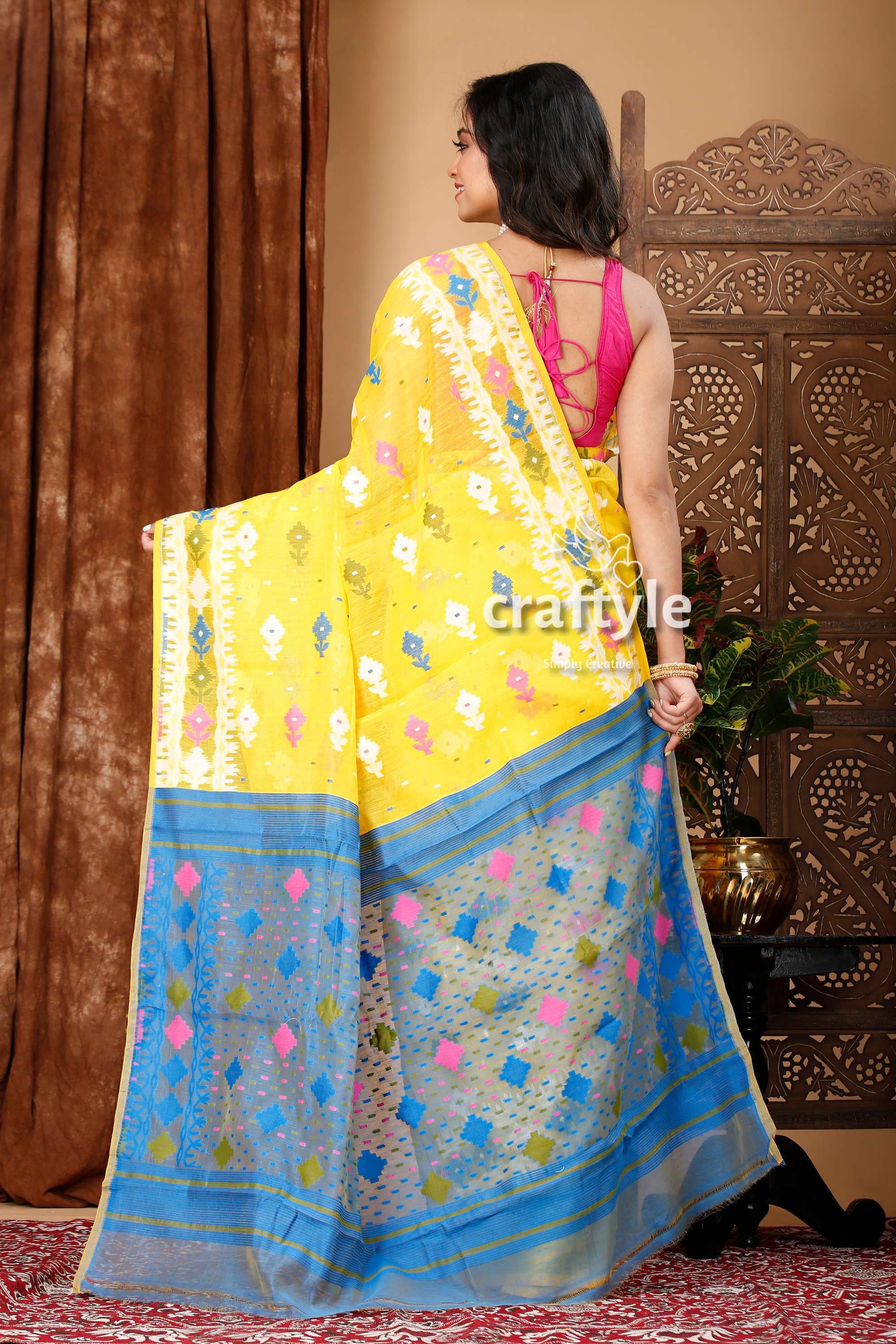 Vivid Yellow-Blue Premium Bengal Jamdani Saree - Craftyle