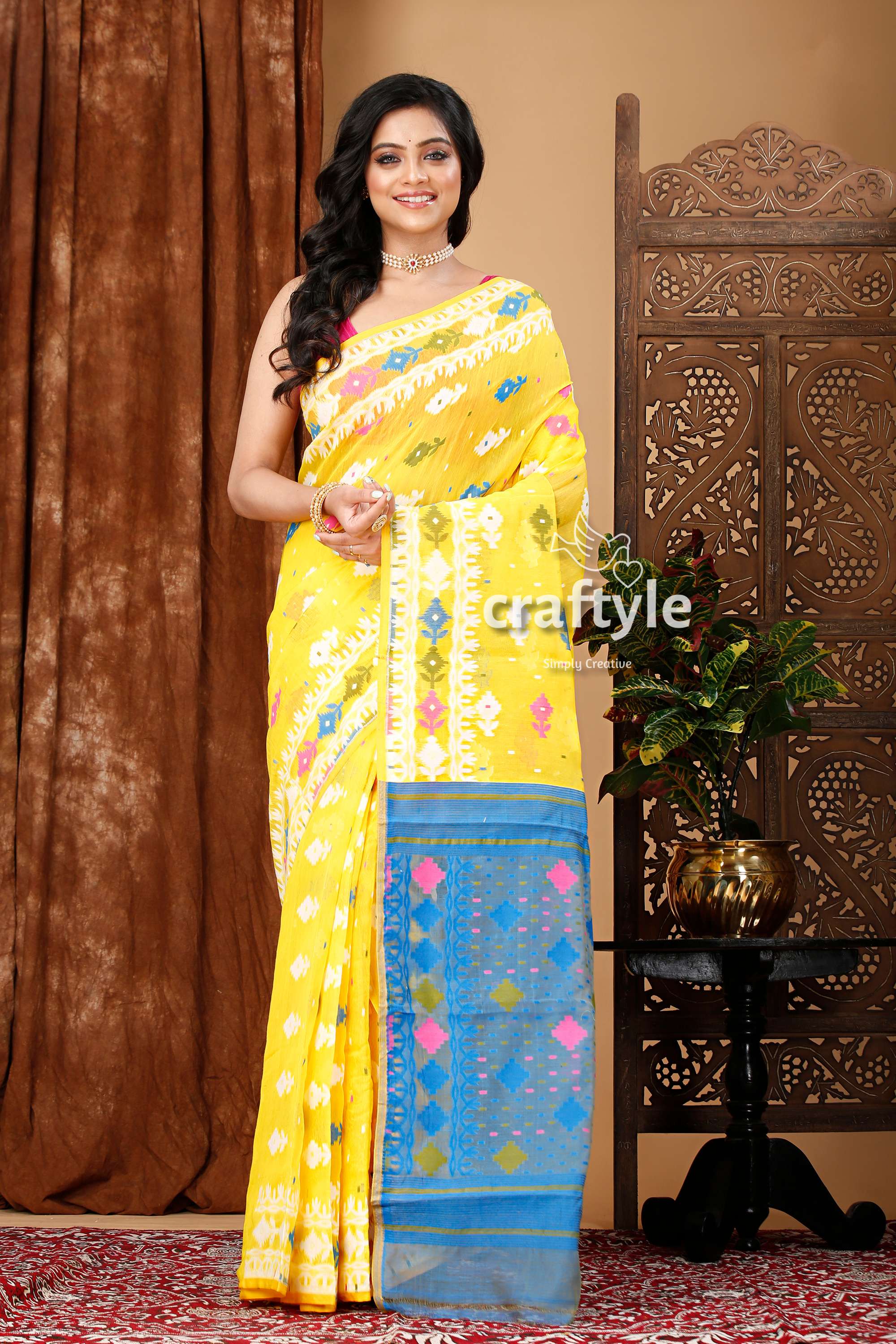 Vivid Yellow-Blue Premium Bengal Jamdani Saree - Craftyle