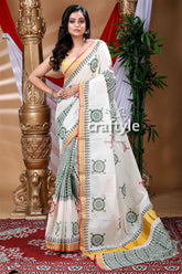 White and Basil Green Hand Block Kerala Cotton Saree-Craftyle