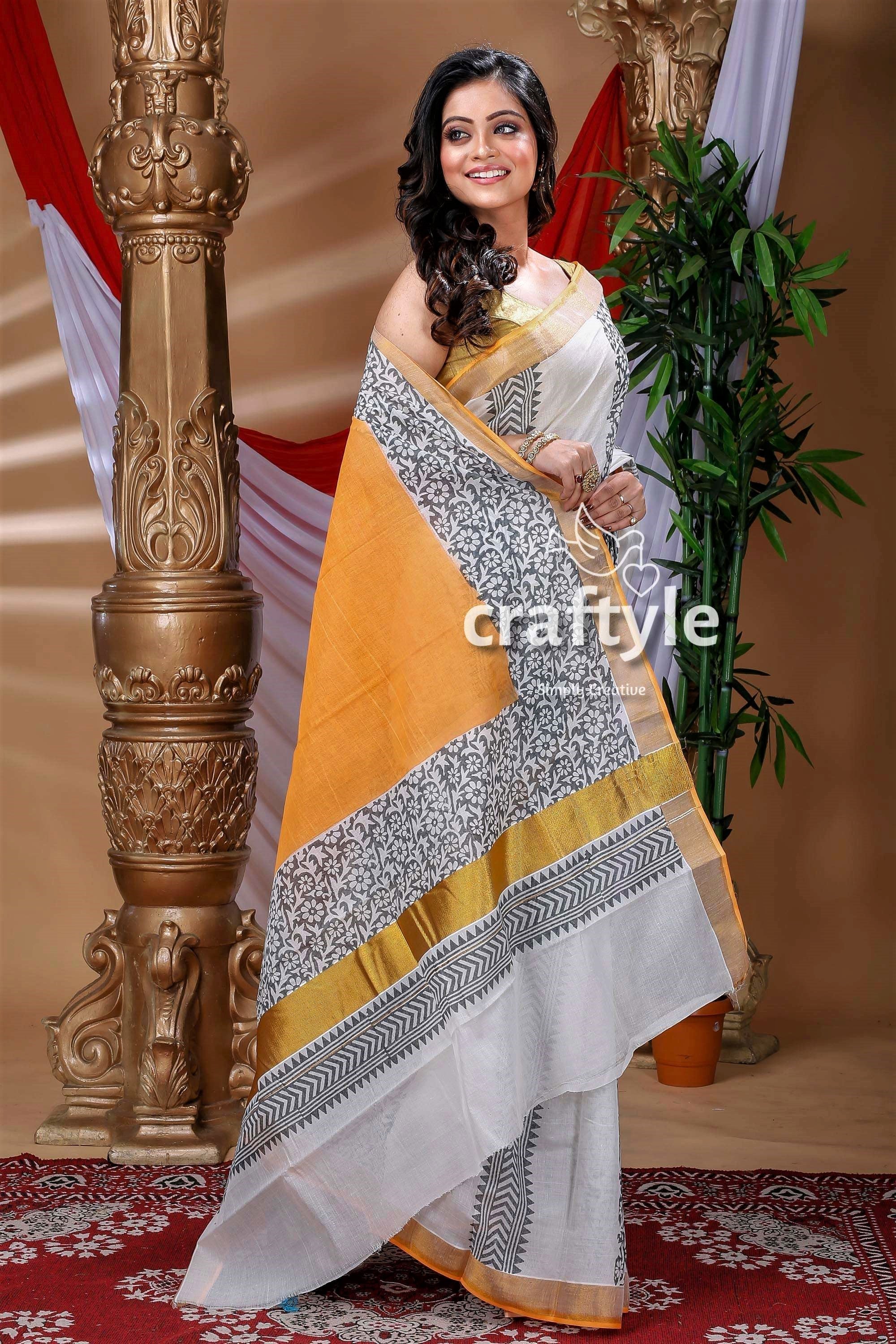 White and Black Floral Design Hand Block Kerala Cotton Saree-Craftyle