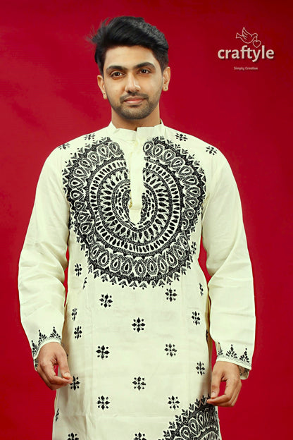 White and Black Kantha Stitch Cotton Panjabi for Men - Craftyle