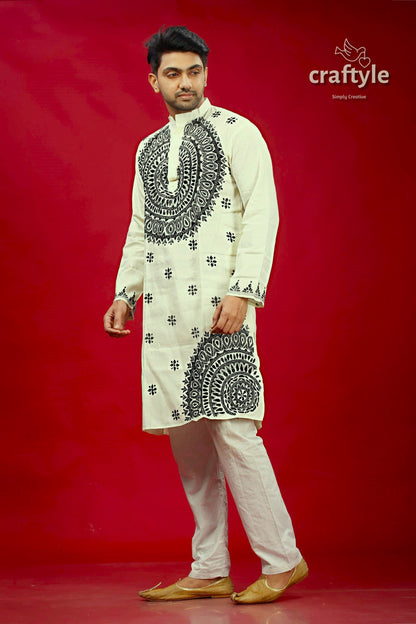 White and Black Kantha Stitch Cotton Panjabi for Men - Craftyle