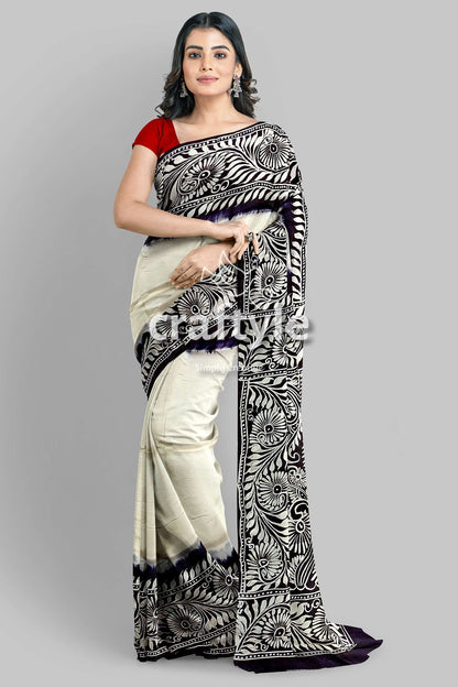 White and Black Saro Tuli Hand Batik Mulberry Pure Silk Saree - Craftyle