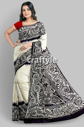 White and Black Saro Tuli Hand Batik Mulberry Pure Silk Saree - Craftyle