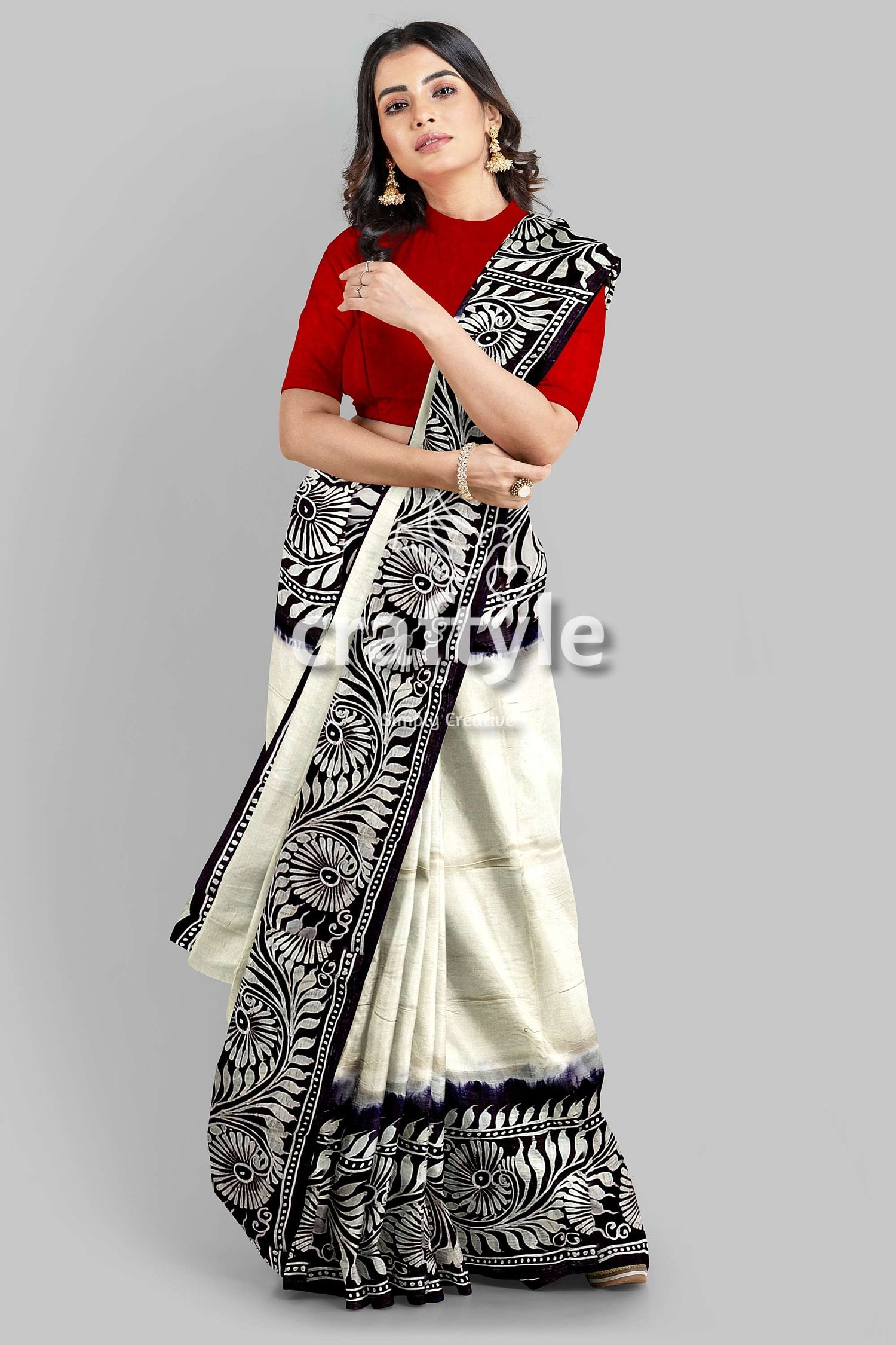 White and Black Saro Tuli Hand Batik Mulberry Pure Silk Saree - Craftyle