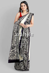 White and Black Saro Tuli Hand Batik Mulberry Pure Silk Saree - Craftyle