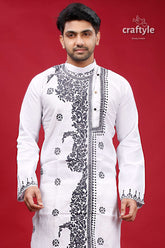 White and Bright Grey Hand Kantha Mens Cotton Kurta - Craftyle