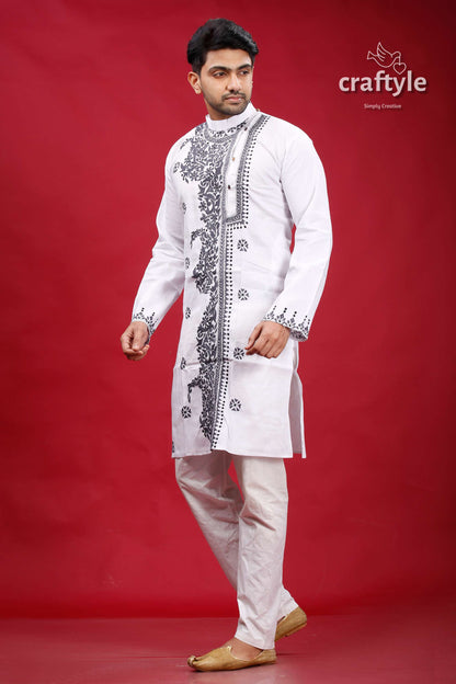 White and Bright Grey Hand Kantha Mens Cotton Kurta - Craftyle