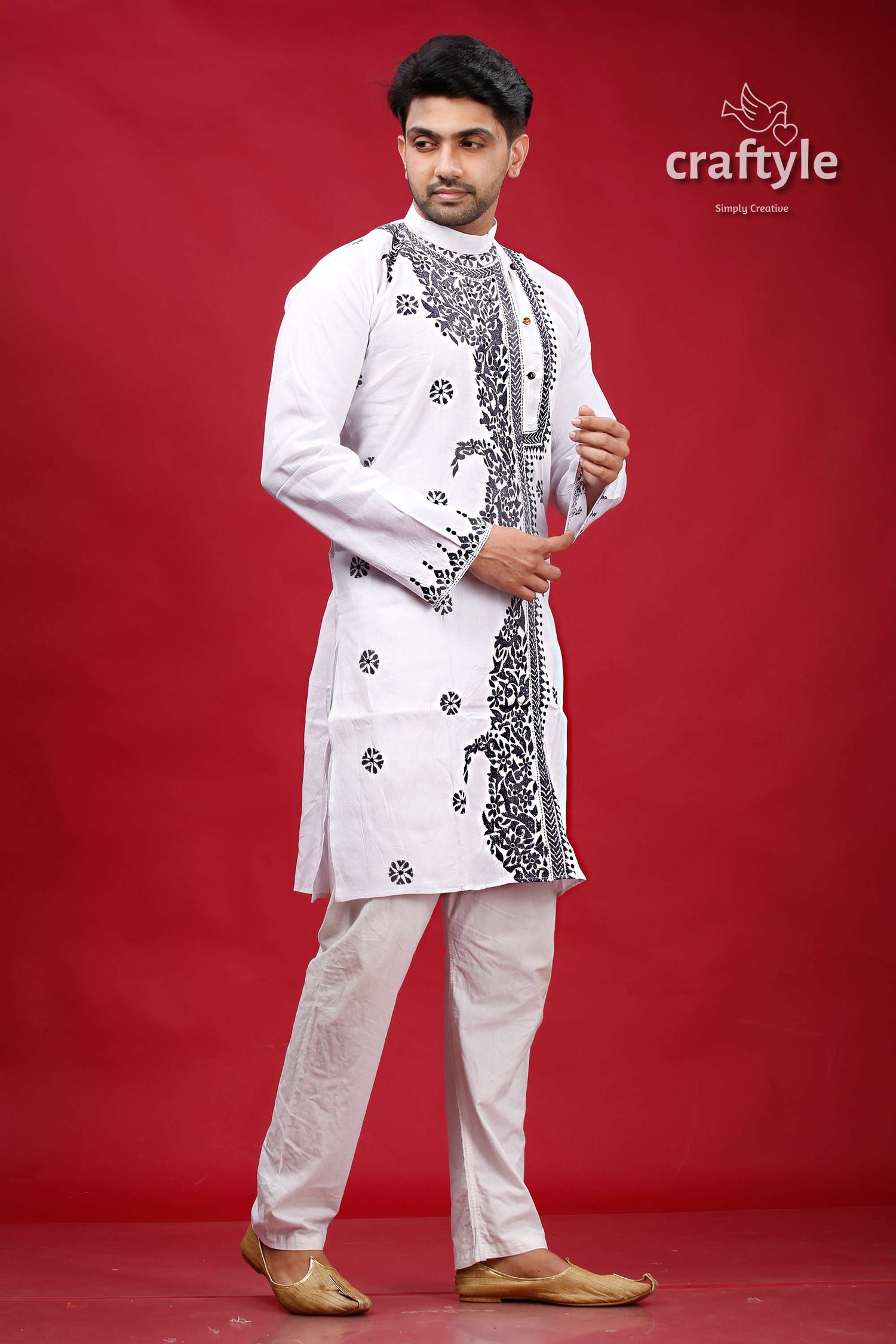 White and Bright Grey Hand Kantha Mens Cotton Kurta - Craftyle