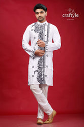 White and Bright Grey Hand Kantha Mens Cotton Kurta - Craftyle