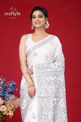 White and Grey Kantha Embroidery Silk Saree - Reverse Stitch - Craftyle