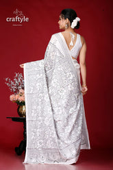 White and Grey Kantha Embroidery Silk Saree - Reverse Stitch - Craftyle