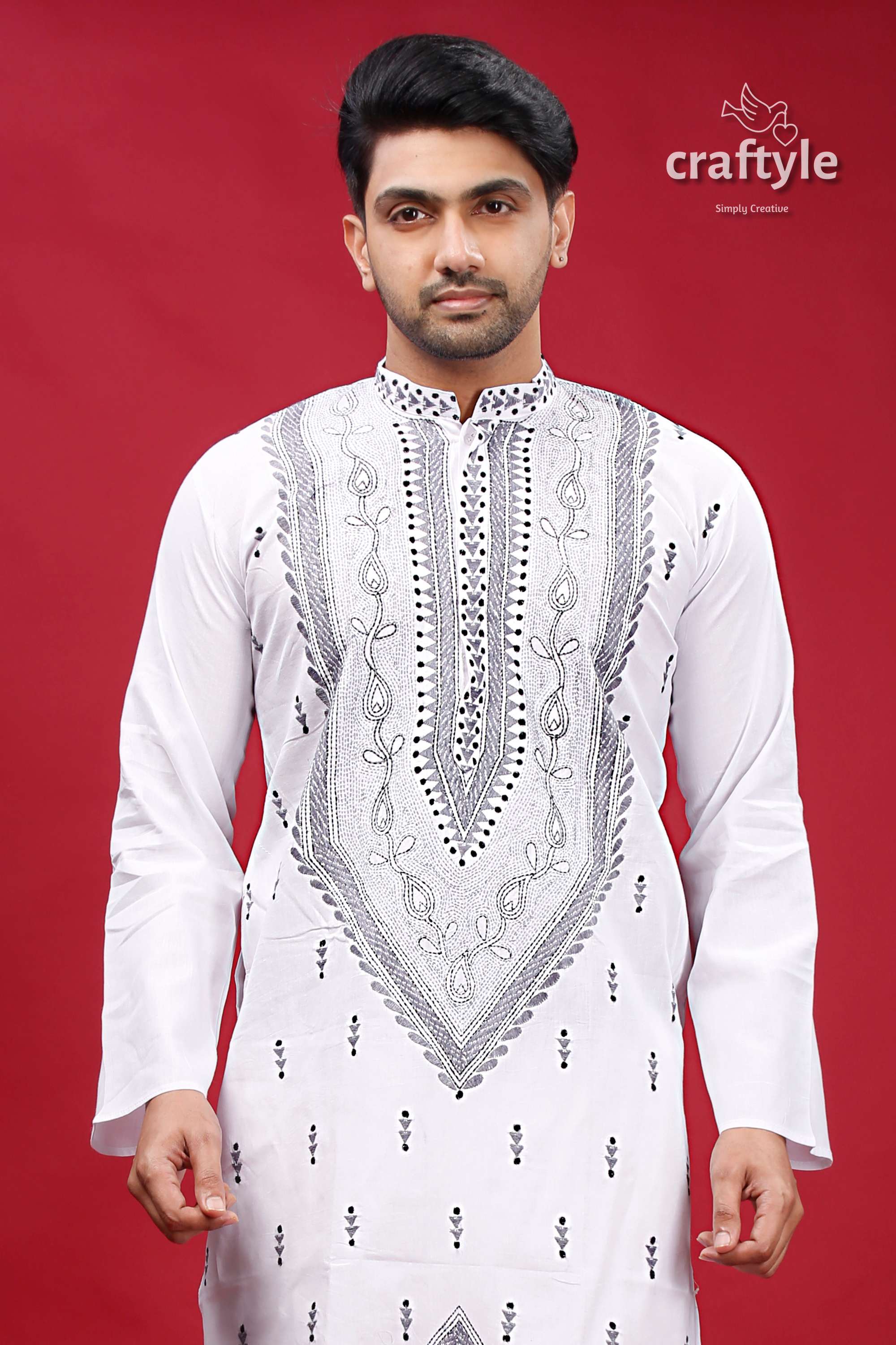 White and Grey Kantha Hand Embroidery Cotton Kurta for Men - Craftyle