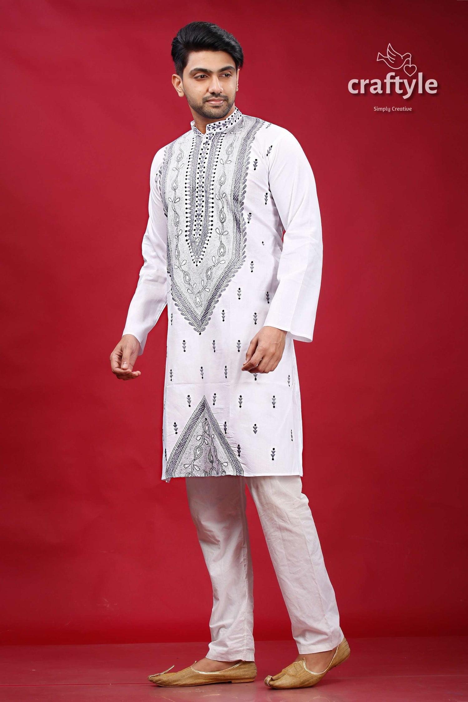 White and Grey Kantha Hand Embroidery Cotton Kurta for Men - Craftyle