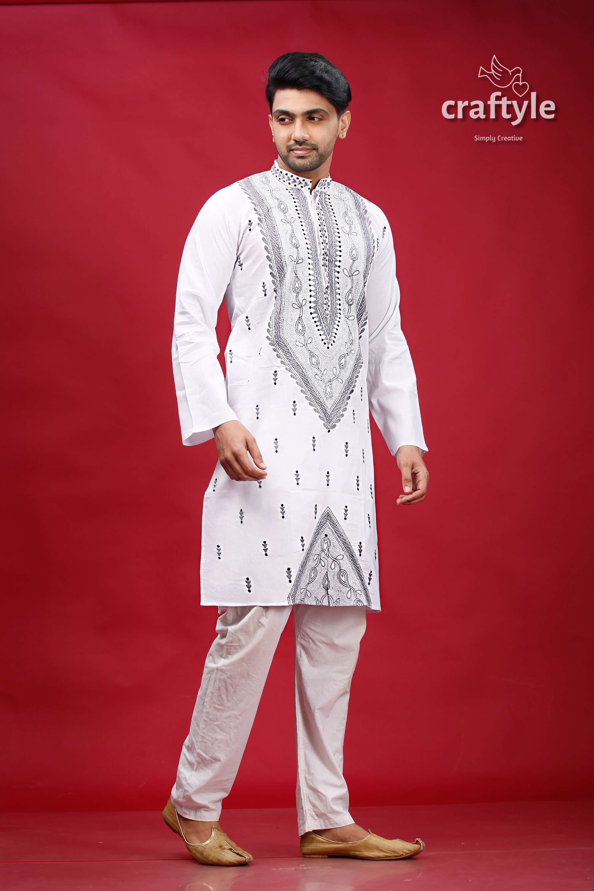 White and Grey Kantha Hand Embroidery Cotton Kurta for Men - Craftyle