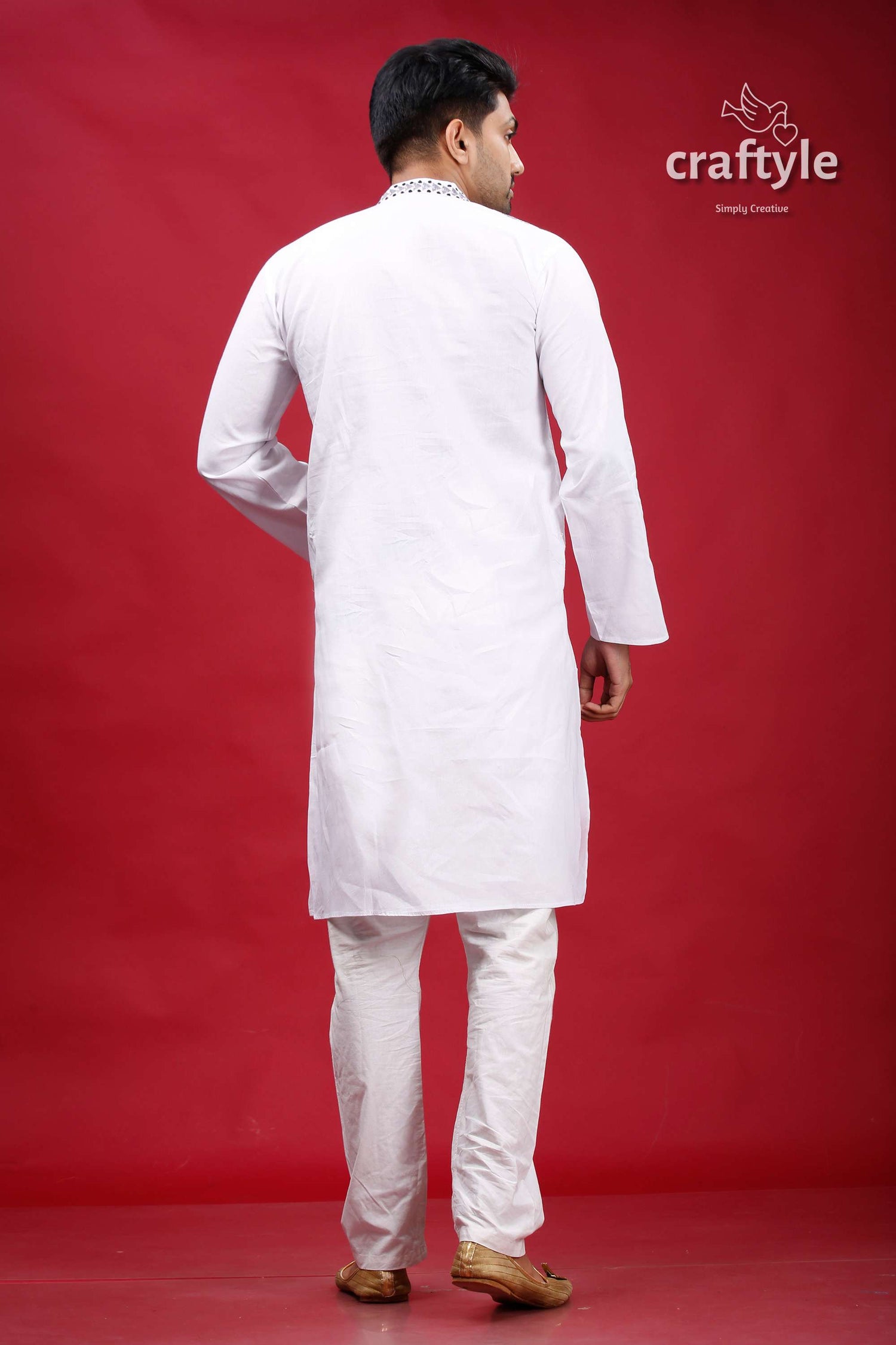 White and Grey Kantha Hand Embroidery Cotton Kurta for Men - Craftyle