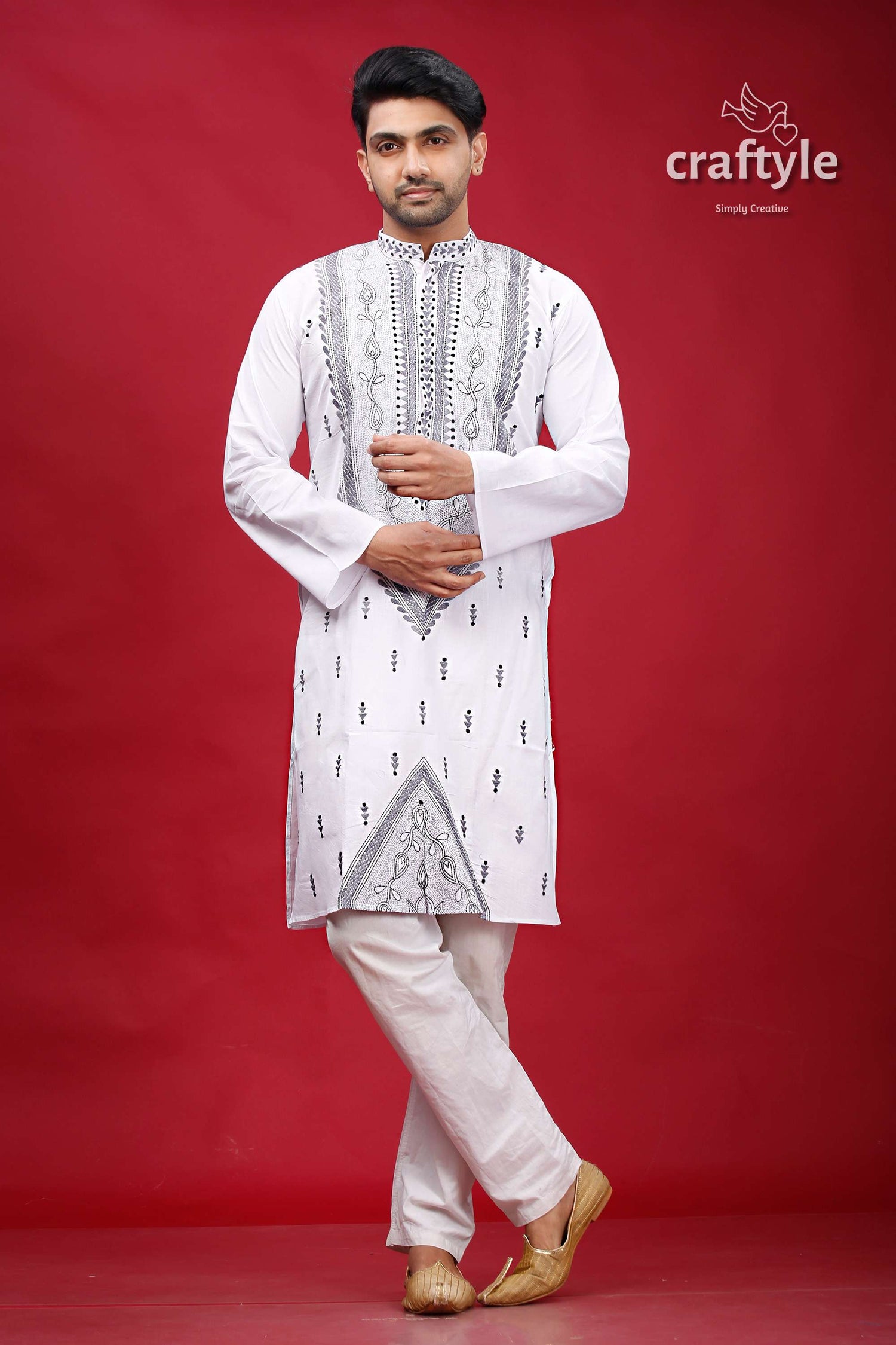 White and Grey Kantha Hand Embroidery Cotton Kurta for Men - Craftyle