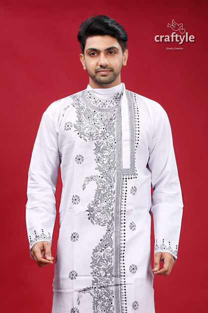 White and Grey Kantha Work Cotton Kurta for Men - Craftyle