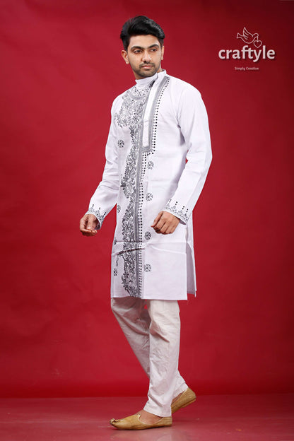 White and Grey Kantha Work Cotton Kurta for Men - Craftyle