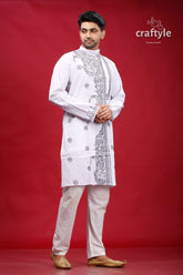 White and Grey Kantha Work Cotton Kurta for Men - Craftyle