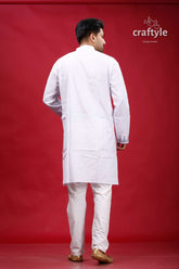 White and Grey Kantha Work Cotton Kurta for Men - Craftyle