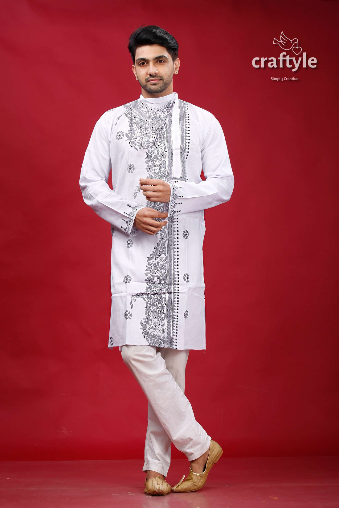 White and Grey Kantha Work Cotton Kurta for Men - Craftyle