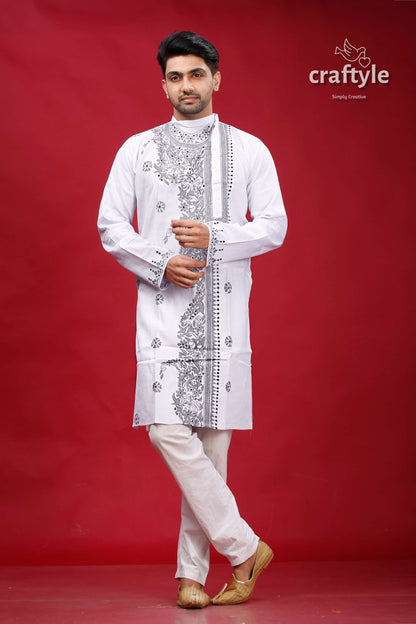 White and Grey Kantha Work Cotton Kurta for Men - Craftyle